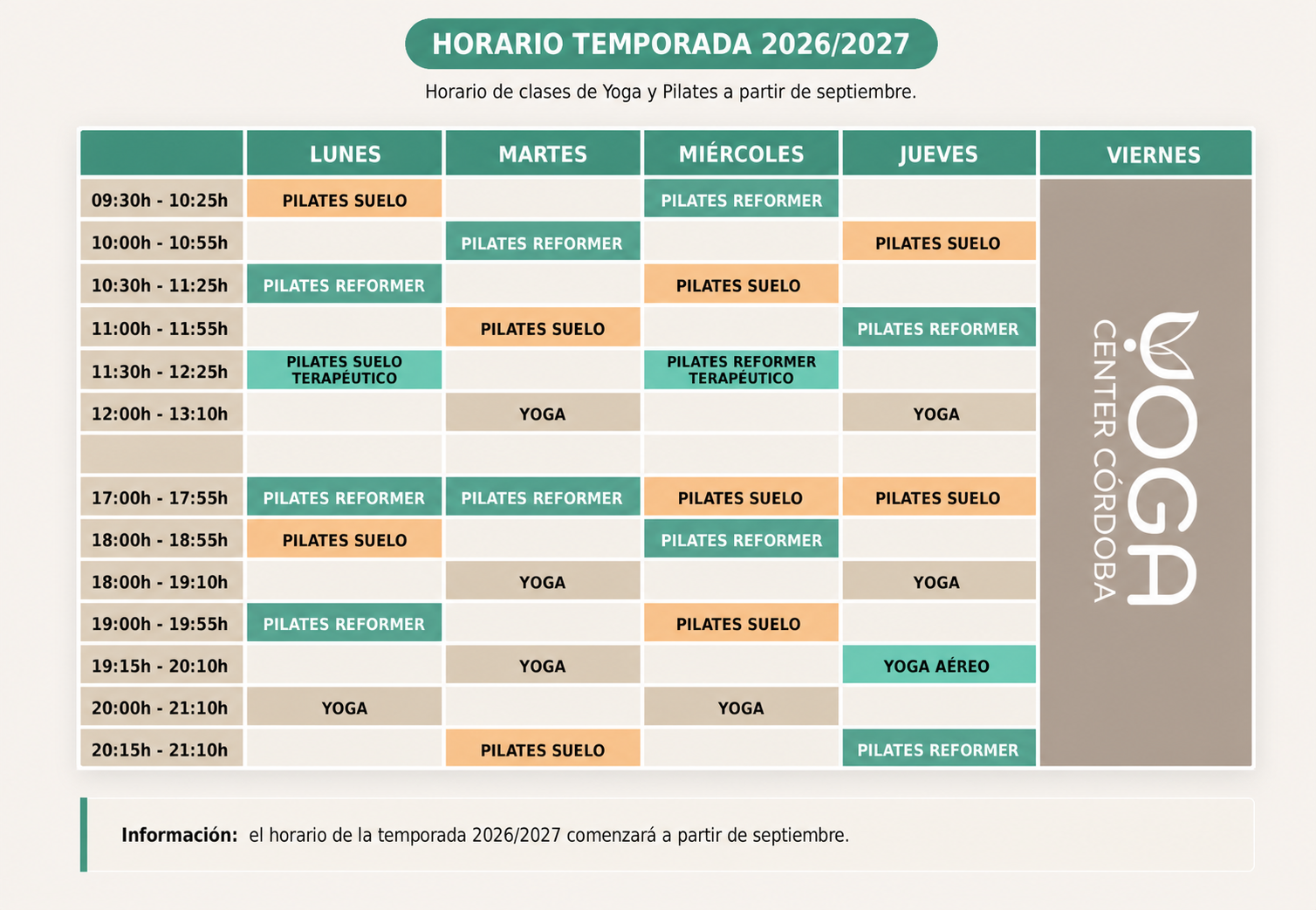 Horario de clases de yoga y pilates 2025:2026